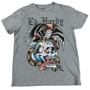 SOLD***Ed Hardy Rhinestone Skull Snake Eagle Color T-shirt Grey Y2K Men’s